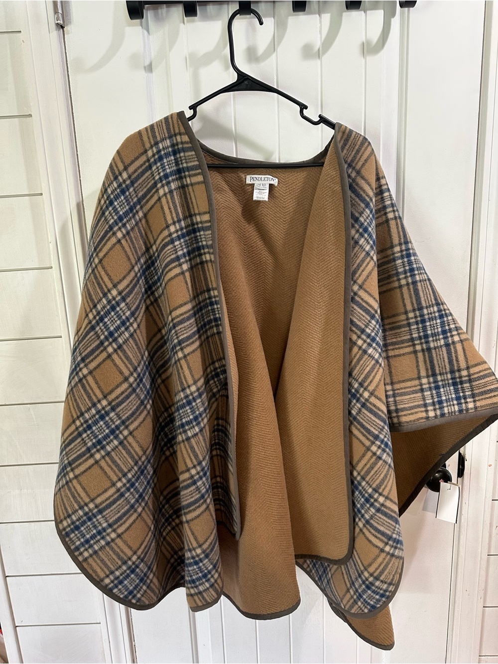 Pendleton reversible merino wool Ruana cape wrap Carmel plaid OS quit luxury - Picture 2 of 10